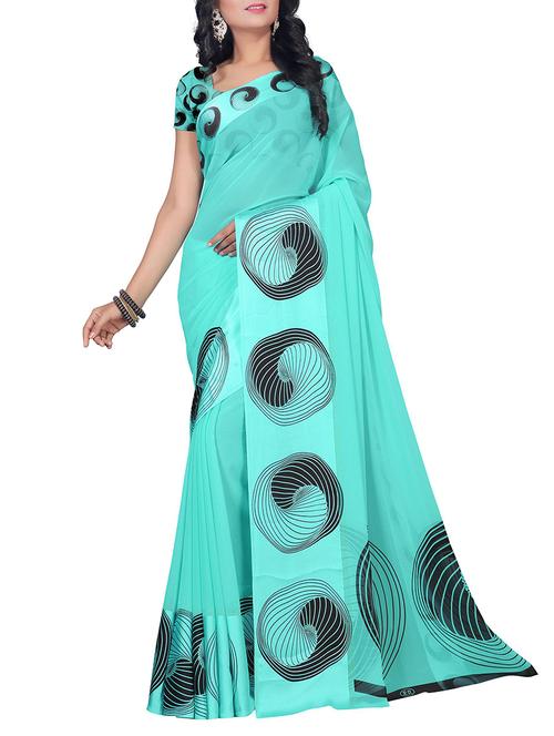 turquoise printed saree with blouse - 15004080 - Very Small Image - 1