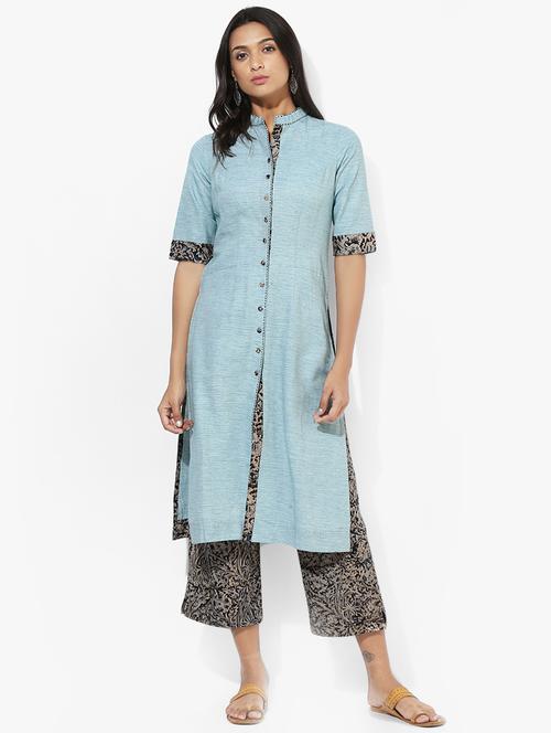 indian dobby blue khadi straight kurta - 15004495 - Very Small Image - 1