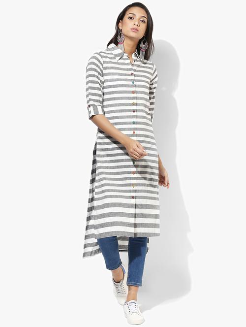 indian dobby white cotton high-low kurta - 15004501 - Very Small Image - 1