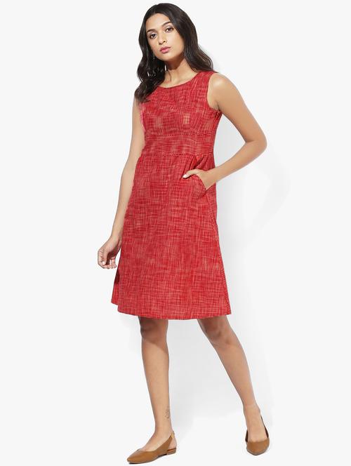 indian dobby red khadi cotton a-line dress - 15004502 - Very Small Image - 1
