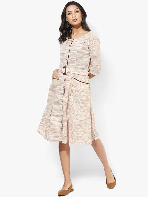 indian dobby beige khadi cotton belted dress - 15004505 - Very Small Image - 1