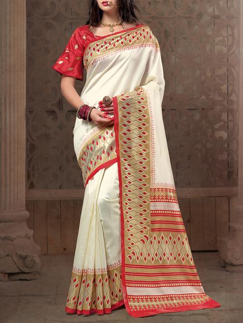 cream art silk bordered saree with blouse - 15004683 - Very Small Image - 1
