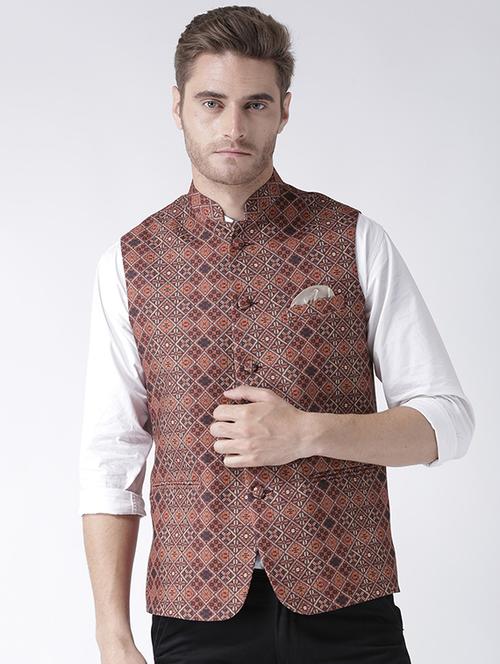 brown cotton nehru jacket - 15006078 - Very Small Image - 1