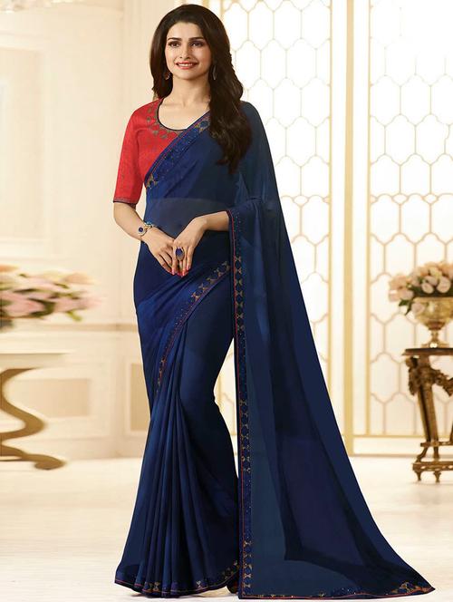 blue georgette bordered saree with blouse - 15006868 - Very Small Image - 1