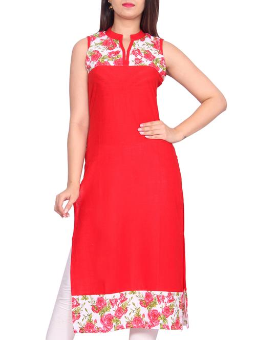 red cotton straight kurta - 15007834 - Very Small Image - 1