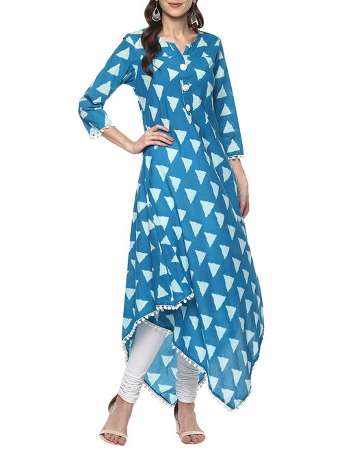 sky blue cotton asymmetric kurta - 15008177 - Very Small Image - 1