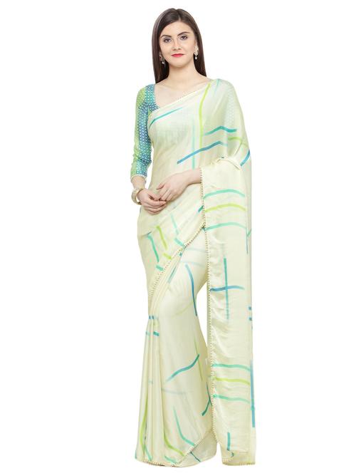 cream satin printed saree - 15008916 - Very Small Image - 1