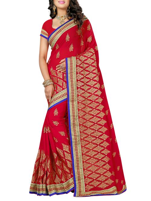 red georgette embroidered saree with blouse - 15009201 - Very Small Image - 1