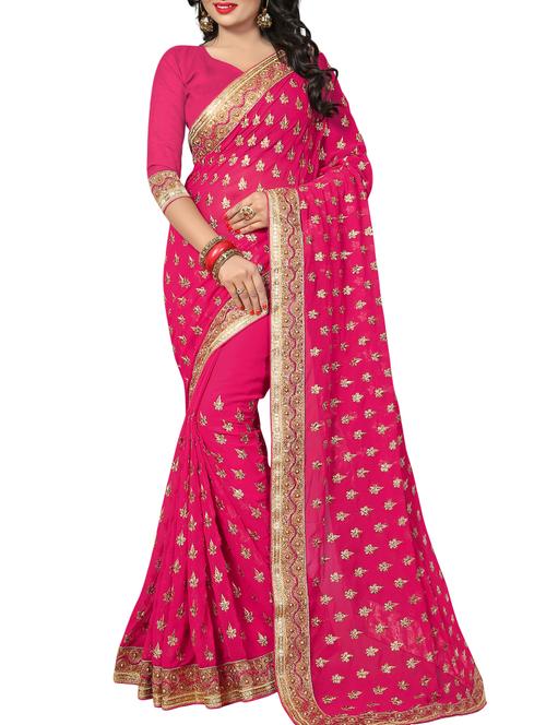 pink georgette embroidered saree with blouse - 15009217 - Very Small Image - 1