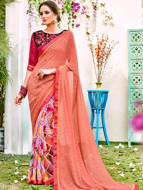 peach georgette half and half saree with blouse - 15010003 - Very Small Image - 1