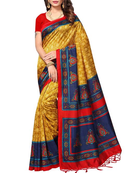 mustard tussar silk printed saree with blouse - 15012988 - Very Small Image - 1