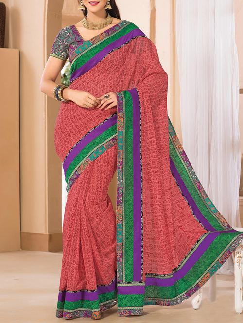 paisley printed coral red saree with blouse - 15013281 - Very Small Image - 1