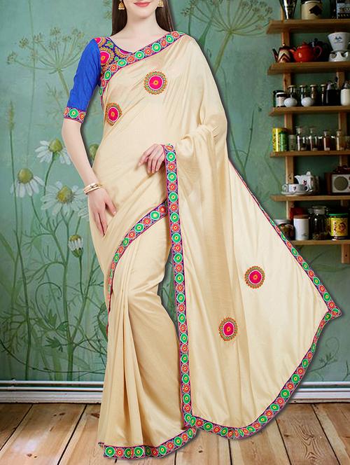cream chiffon embroidered saree with blouse - 15013679 - Very Small Image - 1