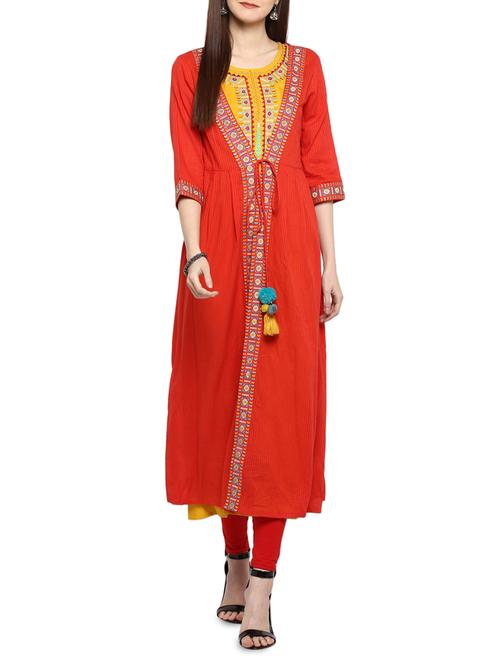 red cotton embroidered layered kurta - 15015977 - Very Small Image - 1