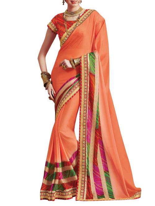 peach georgette bordered saree with blouse - 15016810 - Very Small Image - 1