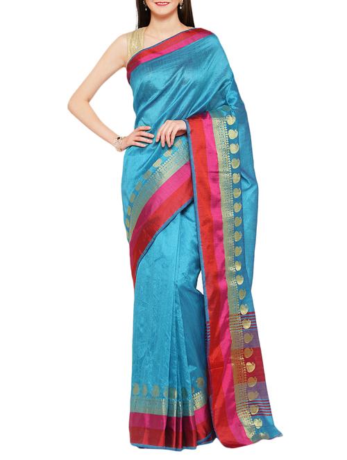 women's bordered light blue colored saree with blouse - 15016867 - Very Small Image - 1