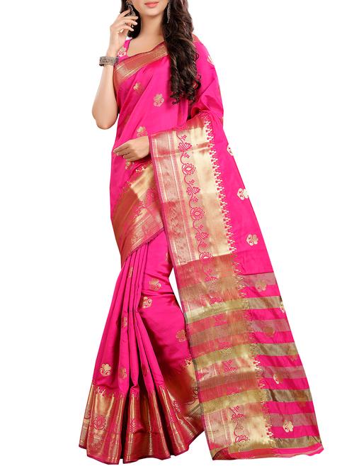 Pink Cotton Silk Kanjivaram Saree With Blouse - 15018110 - Very Small Image - 1