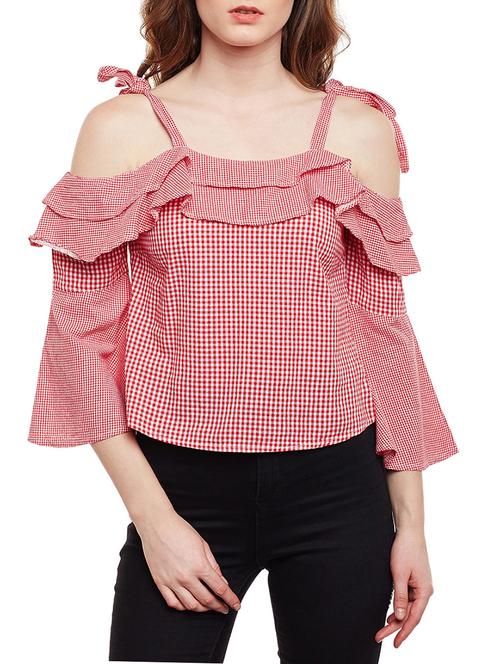 tie up cold shoulder checkered top - 15020112 - Very Small Image - 1