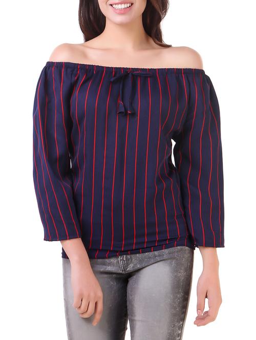 navy blue striped off shoulder top - 15020980 - Very Small Image - 1