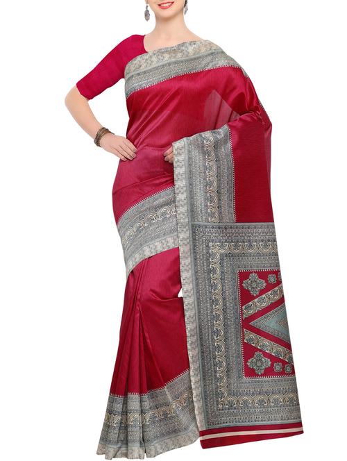 maroon silk printed saree with blouse - 15022696 - Very Small Image - 1