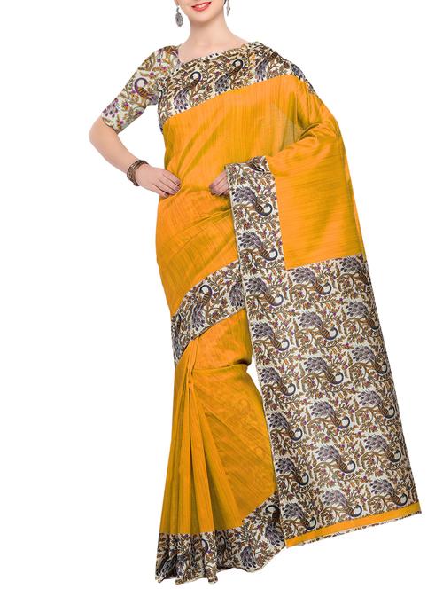 yellow raw silk printed saree with blouse - 15022710 - Very Small Image - 1