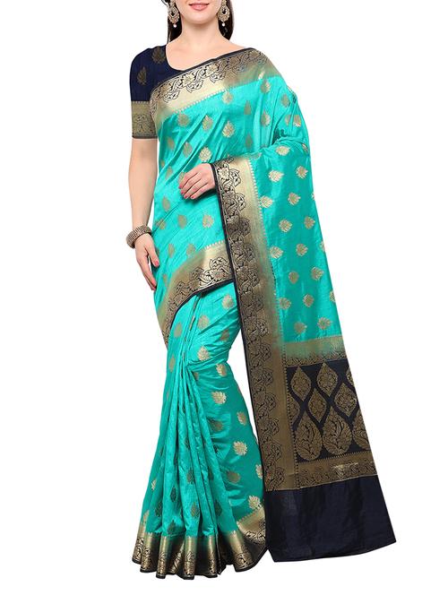turquoise banarasi silk saree with blouse - 15023141 - Very Small Image - 1