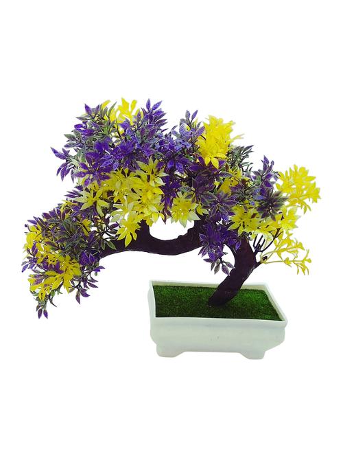 bent bonsai tree with yellow and purple leaves with melamine white pot with real looking green grass - 15025204 - Very Small Image - 1