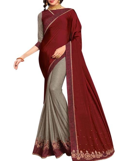maroon georgette half & half saree with blouse - 15027386 - Very Small Image - 1