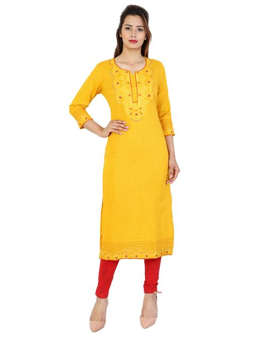 yellow cotton blend embroidered straight kurta - 15028613 - Very Small Image - 1