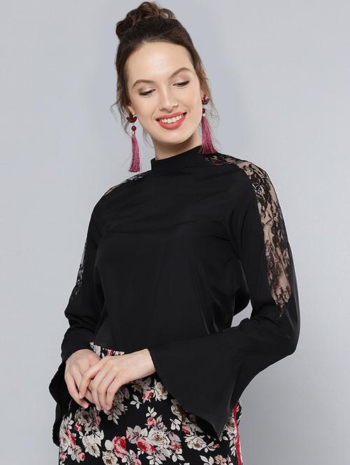 floral lace panel mock neck top - 15029765 - Very Small Image - 1