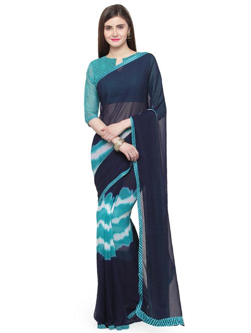 women's printed navy blue colored saree with blouse - 15035766 - Very Small Image - 1
