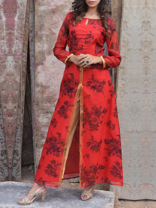 red chanderi set - 15035966 - Very Small Image - 1