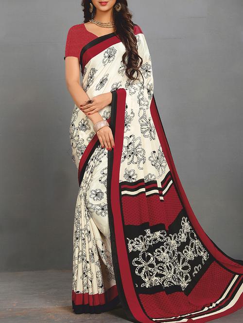 cream crepe printed saree with blouse - 15037124 - Very Small Image - 1