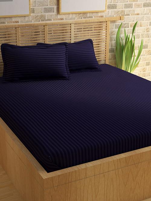 self striped double bed elastic fitted bedsheet with 2 pillow covers - 15038301 - Very Small Image - 1