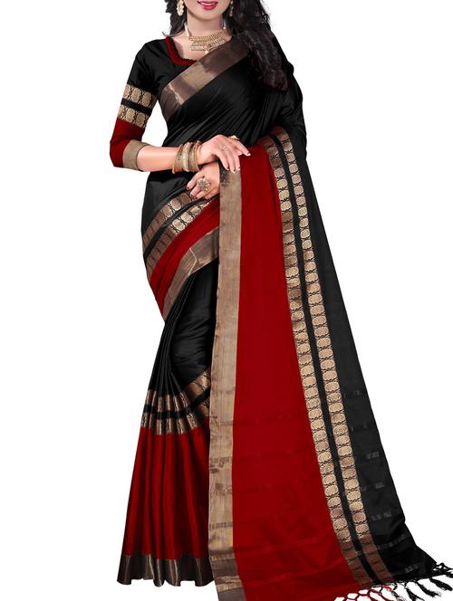 black cotton saree with blouse - 15044488 - Very Small Image - 1