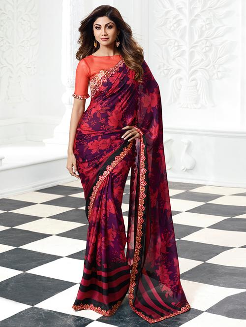 women's floral red colored saree with blouse - 15044941 - Very Small Image - 1