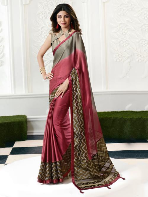 maroon printed saree with blouse - 15044945 - Very Small Image - 1