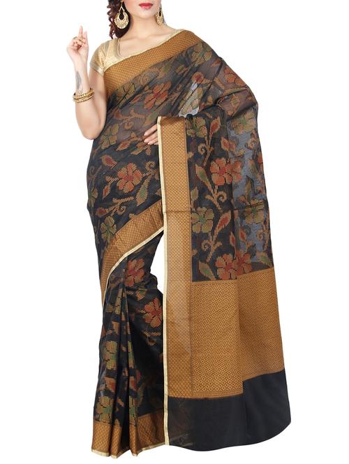 black cotton blend woven saree with blouse - 15046519 - Very Small Image - 1