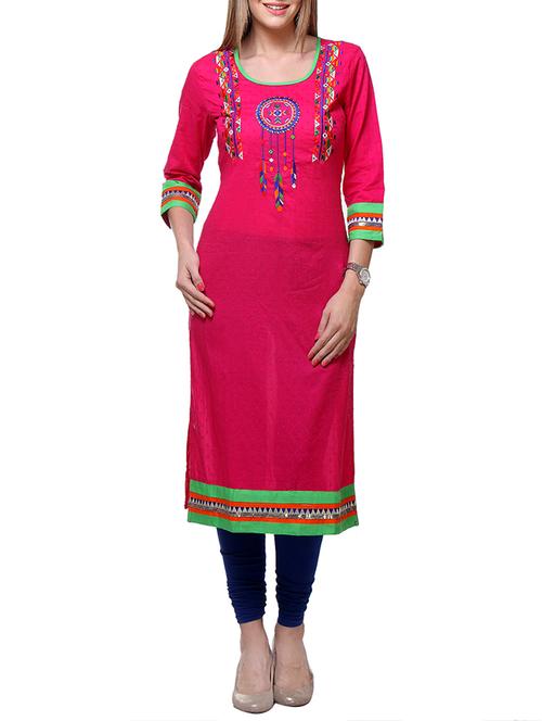 Pink cotton straight embroidered kurta - 15046696 - Very Small Image - 1