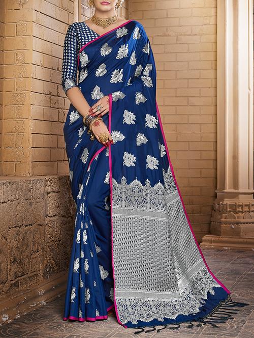 blue banarasi silk saree with blouse - 15047221 - Very Small Image - 1