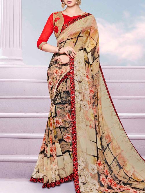 lace border floral printed saree with blouse - 15047926 - Very Small Image - 1