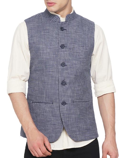 navy blue cotton nehru jacket - 15048255 - Very Small Image - 1