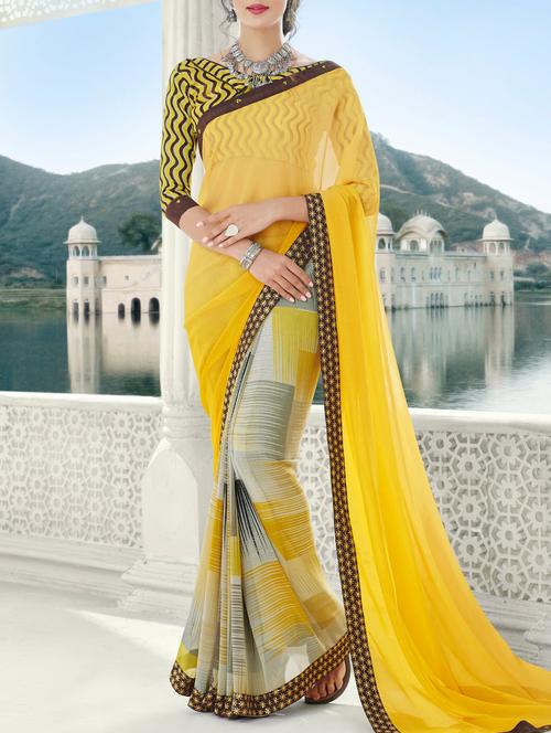 women's geometric yellow colored saree with blouse - 15049234 - Very Small Image - 1