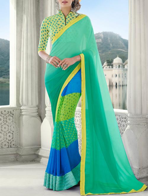 women's bandhani turquoise colored saree with blouse - 15049236 - Very Small Image - 1