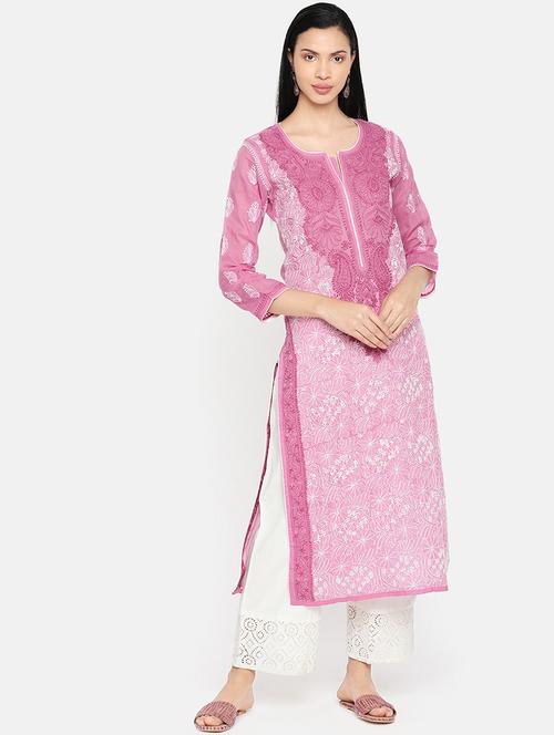 pink cotton straight chikankari kurta - 15049245 - Very Small Image - 1