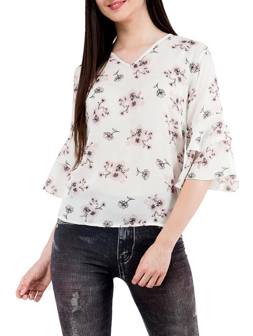 white printed bell sleeved top - 15051337 - Very Small Image - 1