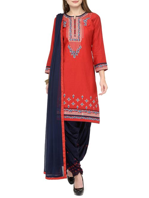 red cotton patiyala suits unstitched suit - 15052739 - Very Small Image - 1