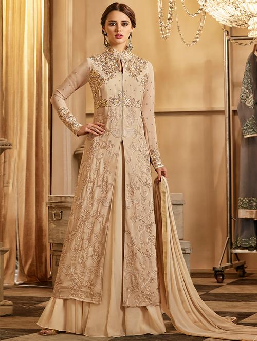 beige georgette semistitched suit - 15054383 - Very Small Image - 1