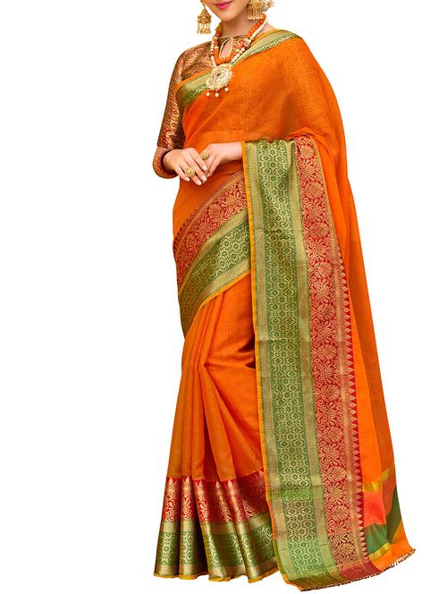orange cotton silk bordered saree with blouse - 15055840 - Very Small Image - 1