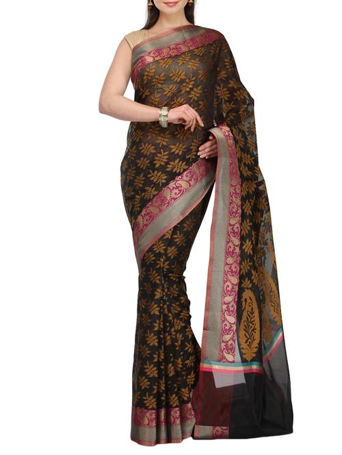 black cotton blend woven saree with blouse - 15057245 - Very Small Image - 1